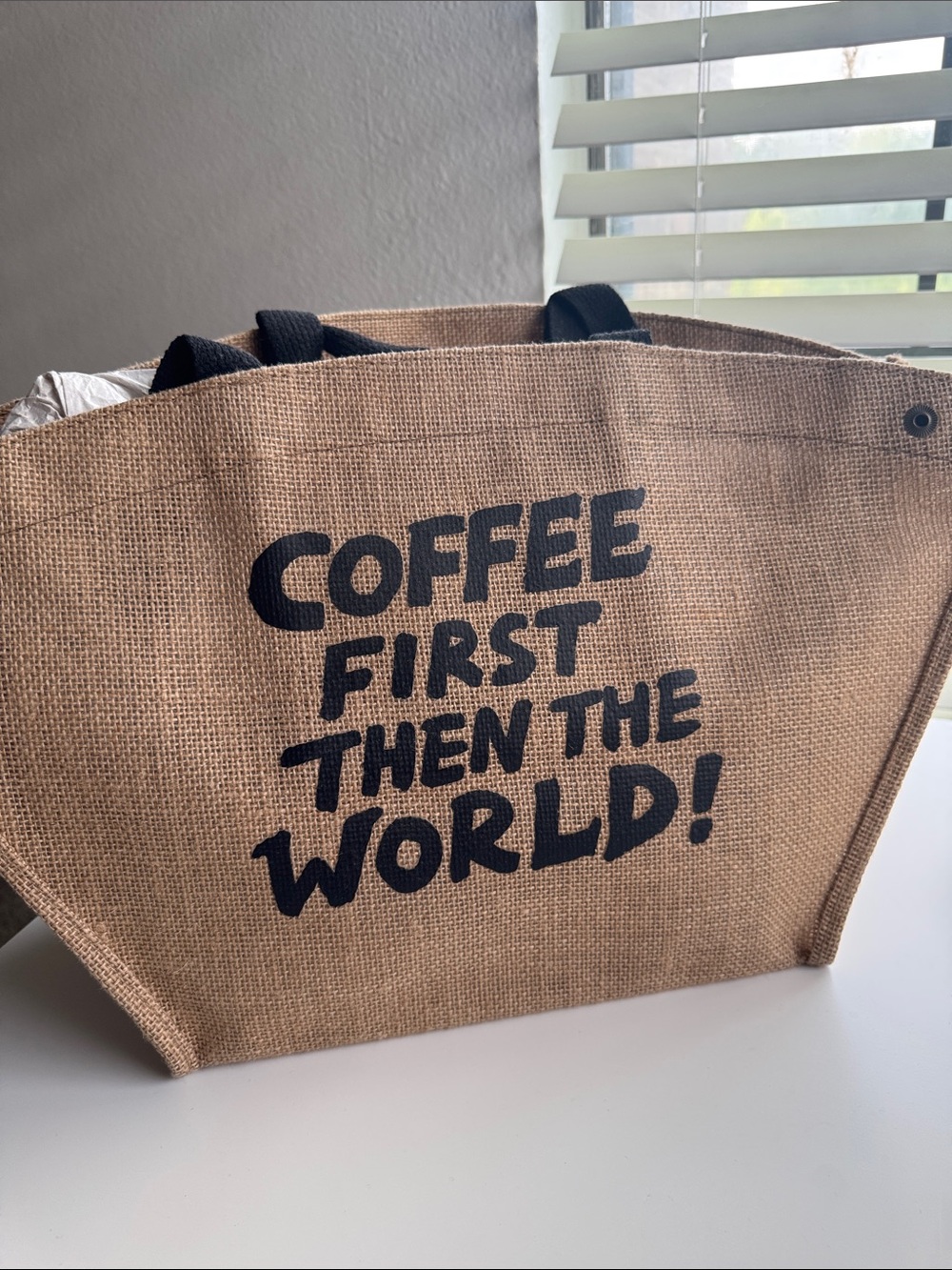 Linen Tote Bag "Coffee First Then The World" - Natural & Black